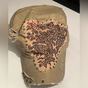 Studded Distressed Khaki Baseball Cap with Embellished Patch One Size
